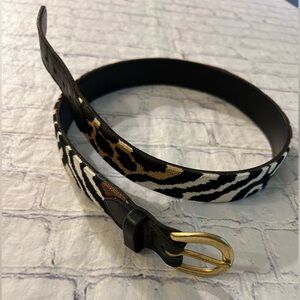 DBU ANIMAL PRINT NEEDLE POINT BLACK WITH GOLD TONE BUCKLE BELT SIZE 33 1 2